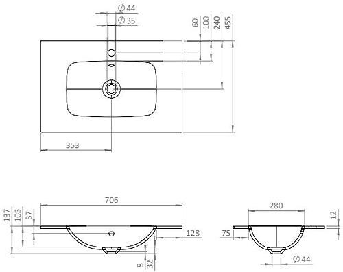 Technical image of Crosswater Glide II Vanity Unit With Black Glass Basin (700mm, Storm Grey, 1TH).