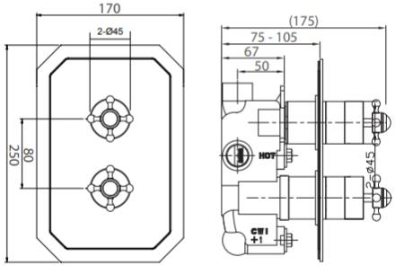 Technical image of Crosswater Belgravia Crosshead 1 Outlet Shower Valve (Nickel).