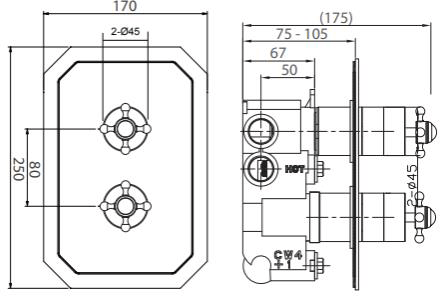 Technical image of Crosswater Belgravia Crosshead 2 Outlet Shower Valve (Vertical, Nickel).