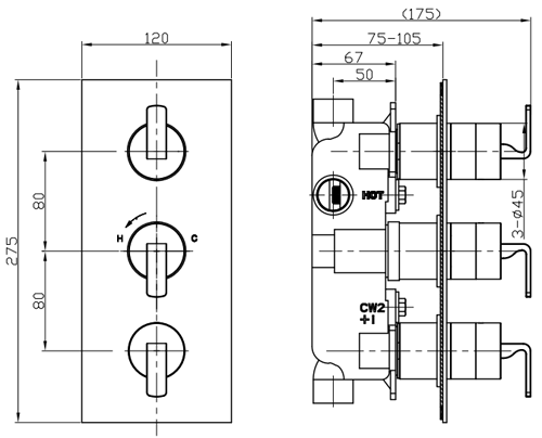 Technical image of Crosswater KH Zero 1 Thermostatic Shower Valve With 2 Outlets (3 Handles).