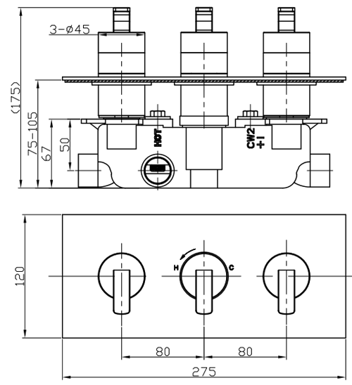 Technical image of Crosswater KH Zero 1 Thermostatic Shower Valve With 2 Outlets (3 Handles).