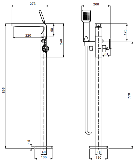 Technical image of Crosswater KH Zero 1 Floorstanding Bath Shower Mixer Tap With Shower Kit.