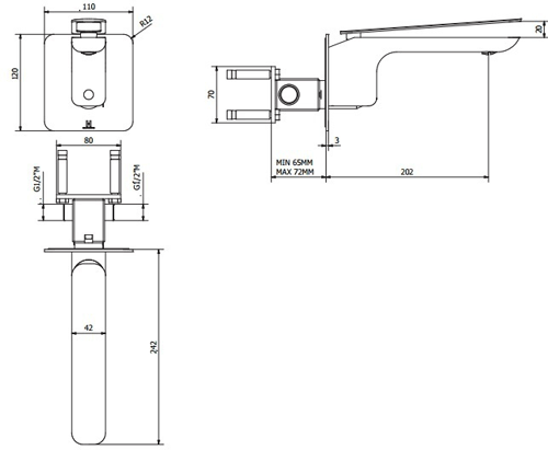 Technical image of Crosswater KH Zero 2 Wall Mounted Basin Mixer Tap With Lever Handle.