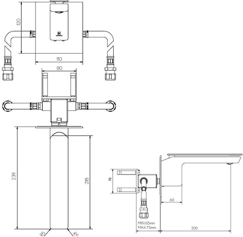 Technical image of Crosswater KH Zero 3 Wall Mounted Basin Mixer Tap With Lever Handle.