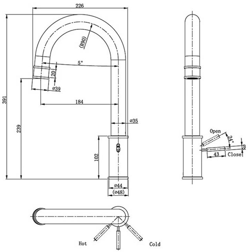 Technical image of Crosswater KH Zero 5 Kitchen Tap With Side Lever Handle (Chrome).