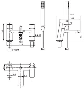 Technical image of Crosswater KH Zero 6 Bath Shower Mixer Tap With Kit (Chrome).