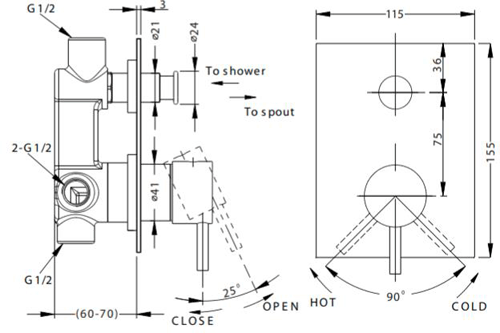 Technical image of Crosswater Kai Lever Showers Manual Shower Valve With Diverter (2 Outlets, Chrome).