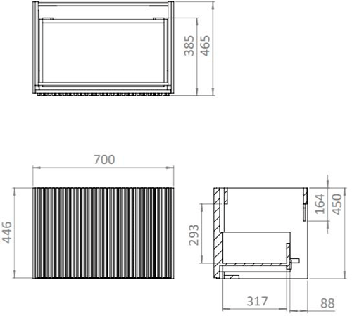 Technical image of Crosswater Limit Wall Hung Vanity Unit, Black Glass Basin (700mm, Steel).