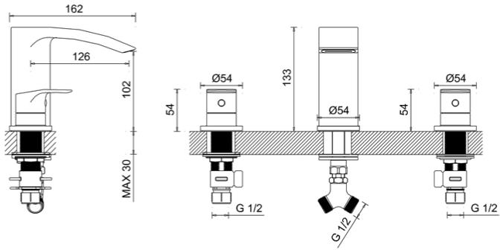 Technical image of Crosswater Flow 3 Hole Bath Filler Tap (Chrome).