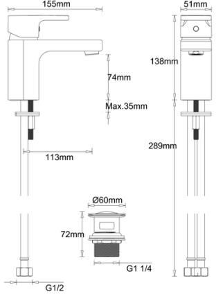 Technical image of Crosswater Planet Basin Mixer Tap With Waste (Chrome).