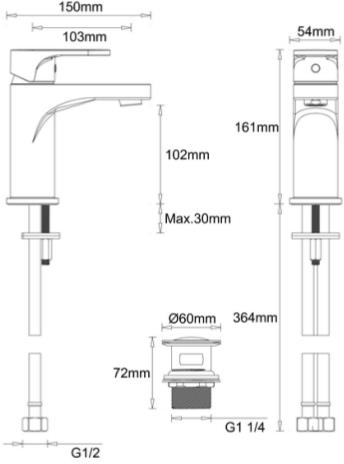 Technical image of Crosswater Style Monoblock Basin Tap With Waste (Chrome).