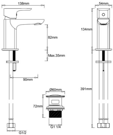 Technical image of Crosswater Serene Mini Basin Mixer Tap With Waste (Chrome).