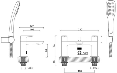 Technical image of Crosswater Serene Bath Shower Mixer Tap With Kit (Chrome).