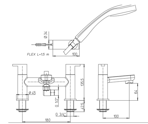 Technical image of Crosswater Nova Bath Shower Mixer Tap With Kit (Chrome).