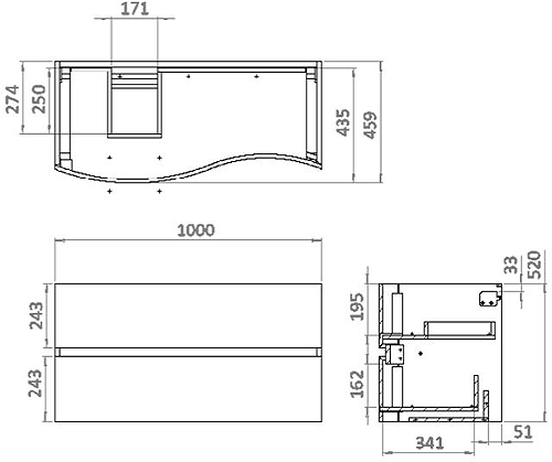 Technical image of Crosswater Svelte Vanity Unit With Black Glass Basin (1000mm, White Gloss).
