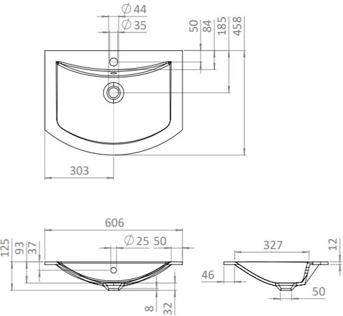 Technical image of Crosswater Svelte Vanity Unit With White Glass Basin (600mm, Storm Grey Matt).