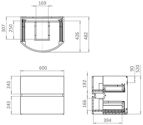 Technical image of Crosswater Svelte Vanity Unit With White Cast Basin (600mm, Storm Grey Matt).