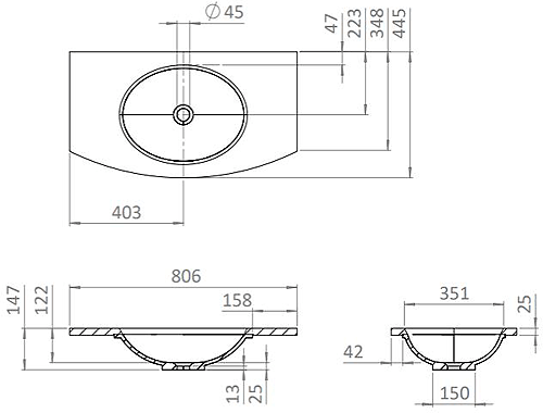 Technical image of Crosswater Svelte Vanity Unit With Marble Basin (800mm, Castilla Oak).