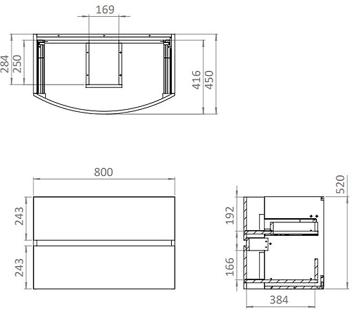 Technical image of Crosswater Svelte Vanity Unit With Black Glass Basin (800mm, Castilla Oak).