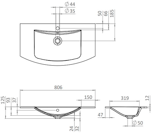 Technical image of Crosswater Svelte Vanity Unit With White Glass Basin (800mm, Storm Grey Matt).
