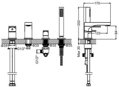 Technical image of Crosswater Style Basin & 4 Hole Bath Shower Mixer Tap Pack With Kit (Chrome).