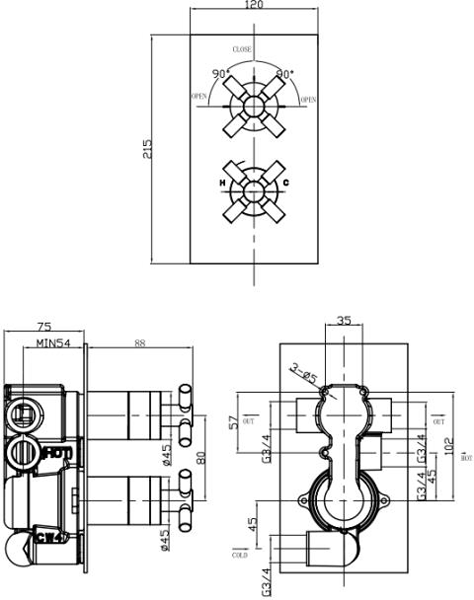 Technical image of Croswater Totti II Shower Valve With 2 Outlets & Diverter (Chrome).