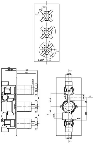 Technical image of Croswater Totti II Shower Valve With 2 Outlets & Diverter (Chrome).