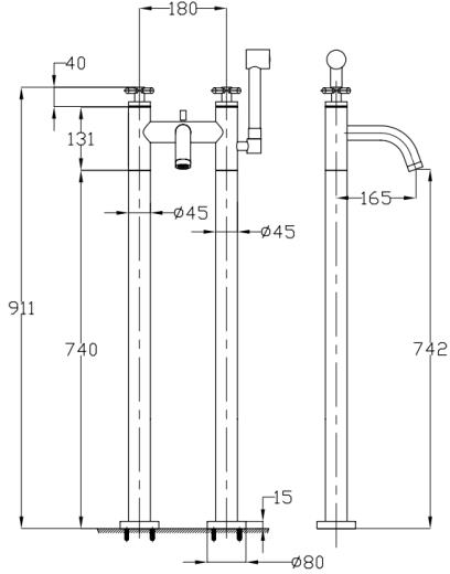 Technical image of Croswater Totti II Bath Shower Mixer Tap With Kit & Legs (Chrome).