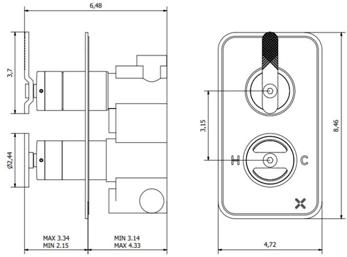 Technical image of Crosswater UNION Thermostatic Shower Valve (1 Outlet, Black & Nickel).