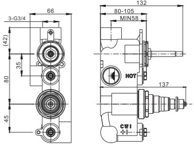 Technical image of Crosswater UNION Thermostatic Shower Valve (1 Outlet, Black & Nickel).