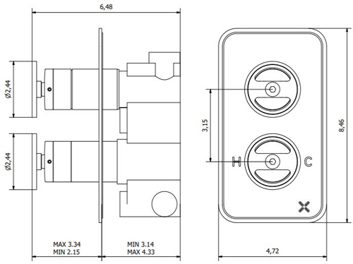 Technical image of Crosswater UNION Thermostatic Shower Valve (2 Outlets, Chrome).