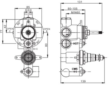 Technical image of Crosswater UNION Thermostatic Shower Valve (2 Outlets, Chrome & Red).