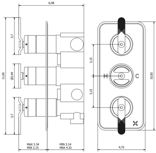 Technical image of Crosswater UNION Thermostatic Shower Valve (2 Outlets, Brushed Black).