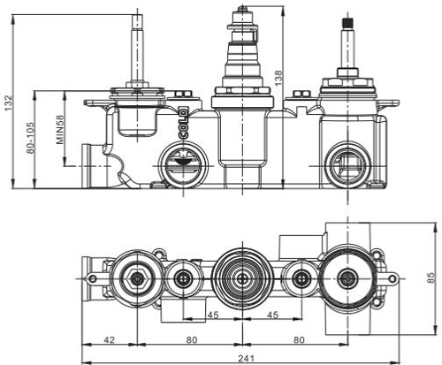 Technical image of Crosswater UNION Thermostatic Shower Valve (3 Outlets, Chrome).