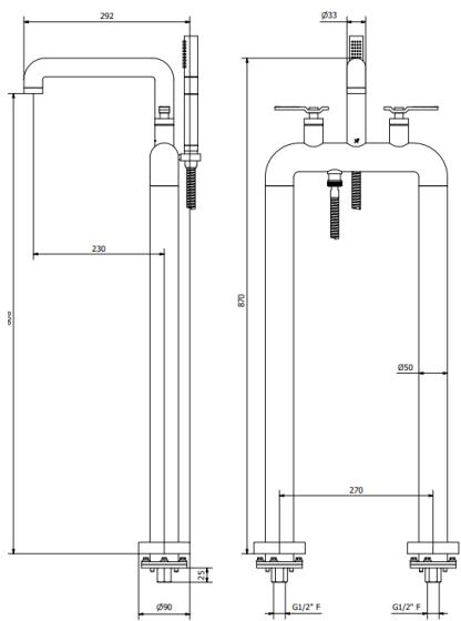 Technical image of Crosswater UNION Free Standing BSM Tap With Red Lever Handles (Chrome).