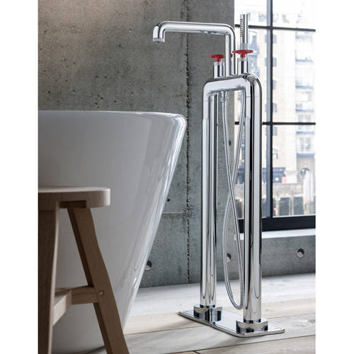 Example image of Crosswater UNION Free Standing BSM Tap With Red Wheel Handles (Chrome).