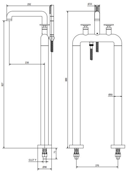 Technical image of Crosswater UNION Free Standing BSM Tap With Red Wheel Handles (Chrome).