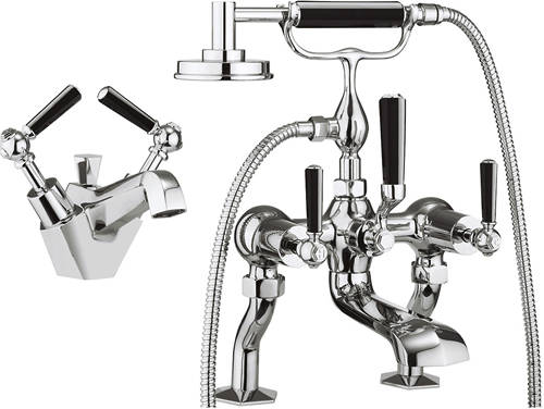 Larger image of Crosswater Waldorf Basin & Bath Shower Mixer Tap Pack (Black Handles).