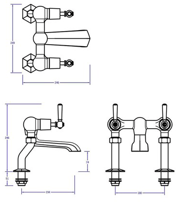 Technical image of Crosswater Waldorf 3 Hole Basin Mixer & Bath Filler Taps (Black Handles).