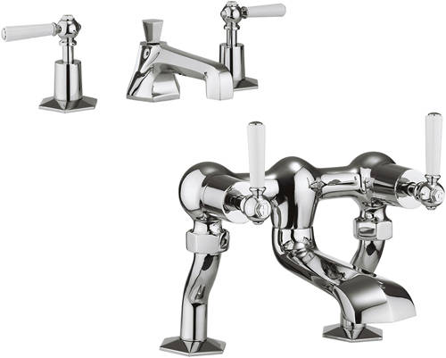 Larger image of Crosswater Waldorf 3 Hole Basin Mixer & Bath Filler Taps (White Handles).