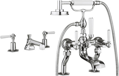 Larger image of Crosswater Waldorf 3 Hole Basin & Bath Shower Mixer Tap (White Handles).