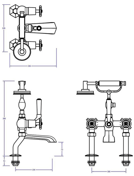 Technical image of Crosswater Waldorf 3 Hole Basin & Bath Shower Mixer Tap (White Handles).