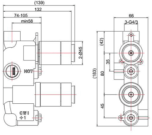 Technical image of Crosswater Waldorf Thermostatic Shower Valve (1 Outlet, Chrome & Black).