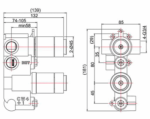 Technical image of Crosswater Waldorf Thermostatic Shower Valve (2 Outlet, Chrome & White).