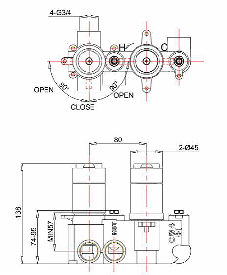 Technical image of Crosswater Waldorf Thermostatic Shower Valve (2 Outlet, Crosshead).