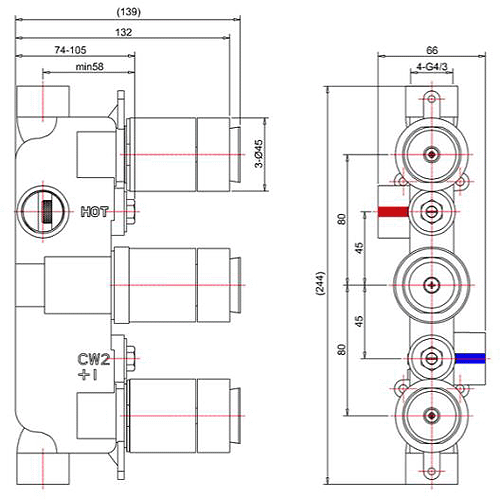 Technical image of Crosswater Waldorf Thermostatic Shower Valve (2 Outlet, Crosshead).