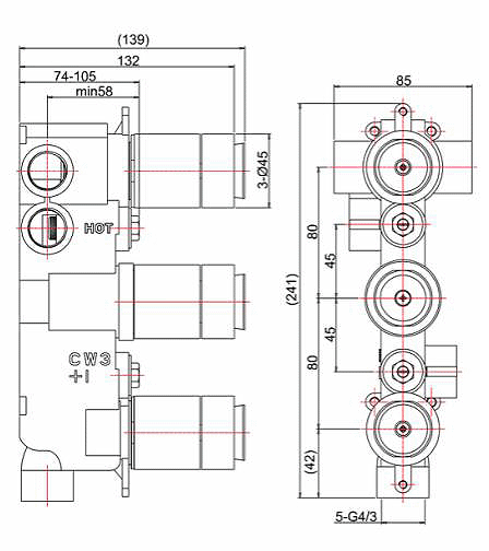 Technical image of Crosswater Waldorf Thermostatic Shower Valve (3 Outlet, Chrome & Black).