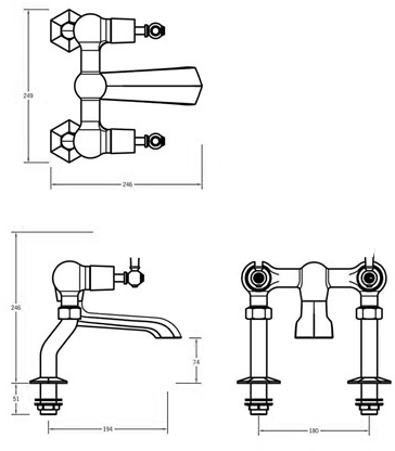 Technical image of Crosswater Waldorf 3 Hole Basin Mixer & Bath Filler Tap Pack (Chrome).