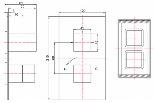 Technical image of Crosswater Water Square Thermostatic Shower Valve (3 Outlets).