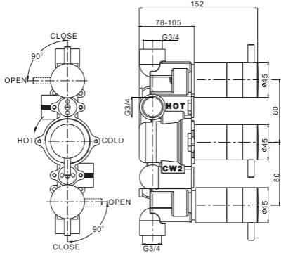 Technical image of Crosswater Water Square Thermostatic Shower Valve (2 Outlets, Chrome).